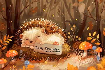 charming hedgehog curled up in a cozy ball, its sign reading Prickly Personality, Heart of Gold