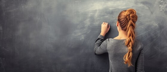 Female teacher writing on blackboard in an empty classroom, concept for education and school.