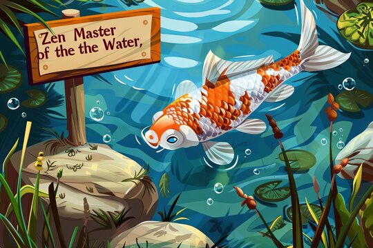 a cartoon wise old fish swimming serenely in a tranquil pond, its sign reading "Zen Master of the Water," as it imparts pearls of wisdom to fellow aquatic inhabitants