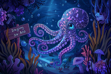 a cartoon suave squid gliding through the depths of the ocean, its sign reading "Ink-spiring Artist," as it creates intricate patterns in the water with a flourish of its tentacles
