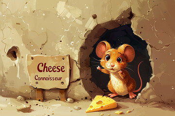 a cute cartoon mischievous mouse peeking out from a hole in the wall, its sign reading 