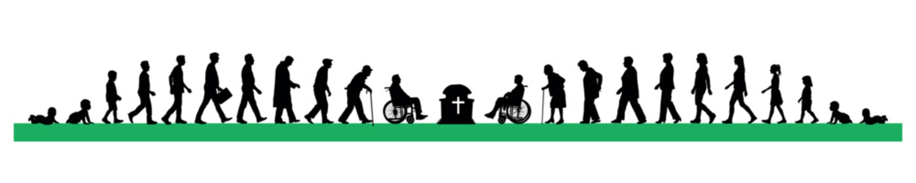 Life cycles of human from a little baby to death stages silhouette vector illustration.	