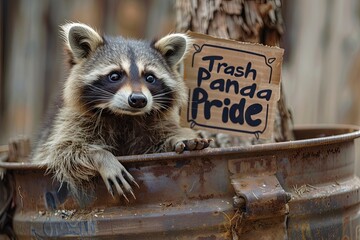 mischievous raccoon peeking out from behind a trash can, clutching a sign that says 