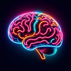 A human brain with neon light emitted on a dark background, Generative Ai 