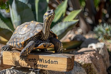 wise old turtle basking in the warm glow of the sun, its sign reading "Ancient Wisdom Keeper" as it imparts timeless truths with a knowing gaze and a steady presence