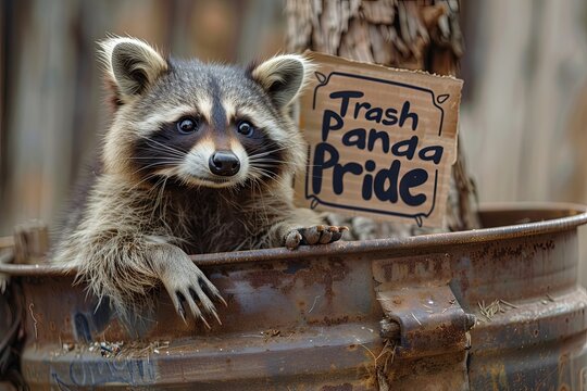 mischievous raccoon peeking out from behind a trash can, clutching a sign that says "Trash Panda Pride," embracing its reputation as the ultimate scavenger with cheeky pride