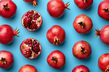Top view of ripe and juicy pomegranate fruit on vibrant blue background for a fresh and colorful...