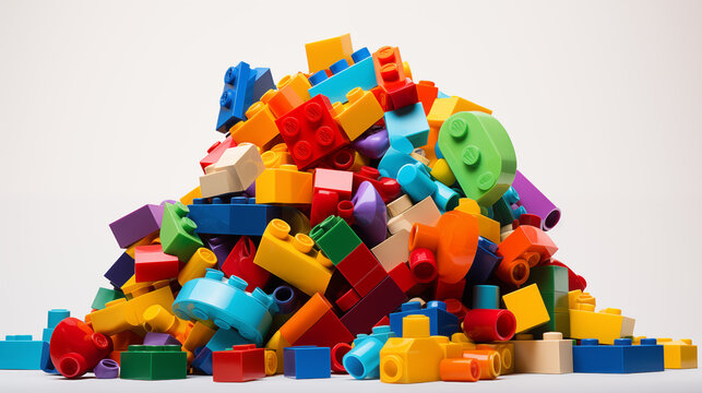 Colorful Assortment of Plastic Building Blocks Pile