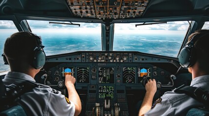 Fototapeta premium Pilot in cockpit with illuminated dashboard at night, aviation concept