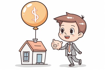 A cute, minimalist cartoon showcases a businessman holding onto a piggy bank while marveling at a floating house buoyed by a dollarsign balloon, ideal for clip art, isolated on white - obrazy, fototapety, plakaty