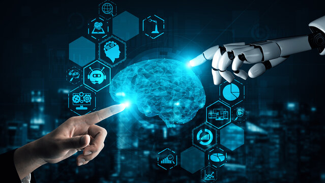 XAI 3D rendering artificial intelligence AI research of robot and cyborg development for future of people living. Digital data mining and machine learning technology design for computer brain.