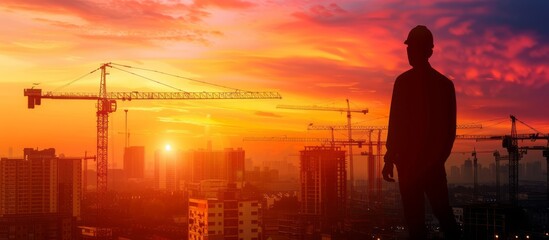 Fototapeta premium Silhouette of a Construction Worker at Sunset