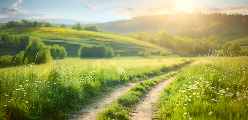 Beautiful spring landscape with path in green field, sunny day, blurred background, copy space...
