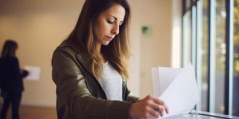A young woman casts a ballot into a ballot box at a polling station. Generative AI.