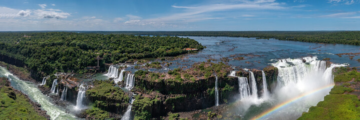 Panorama of Iguazu Falls from drone. Iguazú Falls, Iguaçu Waterfall aerial view