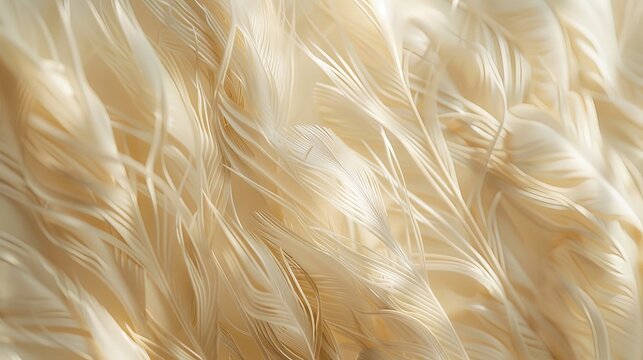 A captivating close-up photograph capturing the soft and delicate texture of beige feathers, their intricate patterns and gentle curves creating a soothing and calming backdrop  