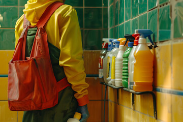 Professional cleaner with a busket of cleaning products