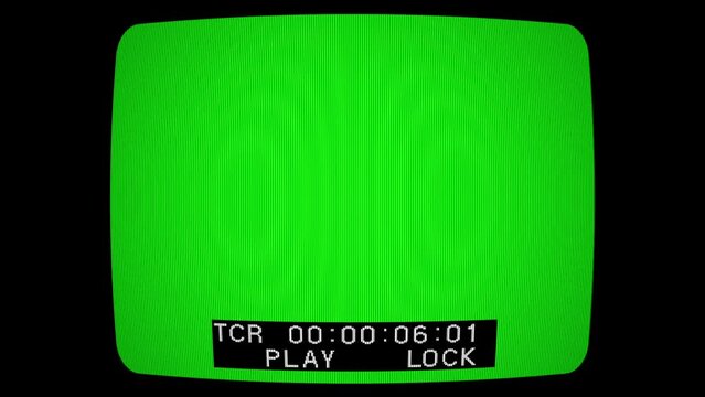 Green screen footage with VCR timecode. CRT strobe effect screen. VHS timecode one minute. Real time