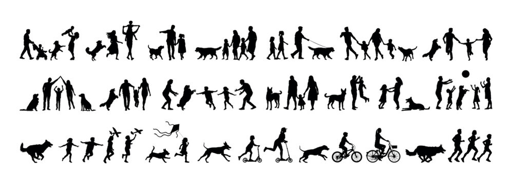 Group people all ages activities with dogs vector silhouette set collection.
