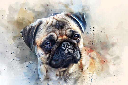 pug dog breed watercolor portrait artwork animals illustration 