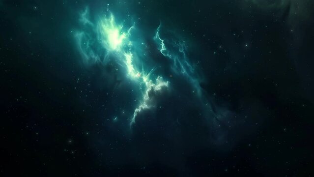 Blue Green Deep Space Galaxy Nebula. Cinematic celestial background depicting astrology and space exploration. Cosmic fictional 3D animation backdrop.