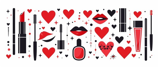 Charming Valentines Day themed beauty poster with cosmetic icons including mascara, lipstick kisses, and perfume, all conveying LOVE in a sleek flat design, isolated on a white background for clip art