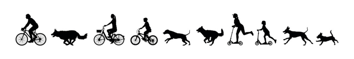 Silhouette set of people riding bicycles and scooters with dogs running vector illustration - obrazy, fototapety, plakaty