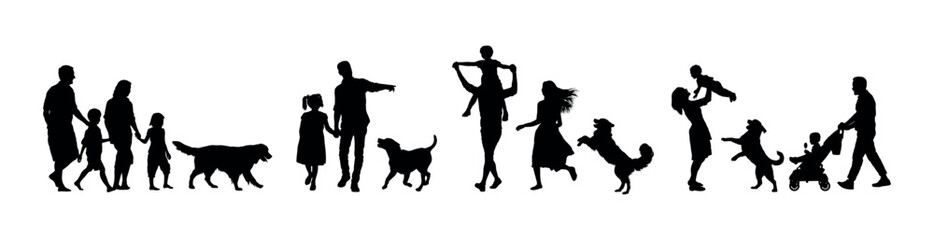 Silhouettes set of family walking and playing with dog vector illustration.