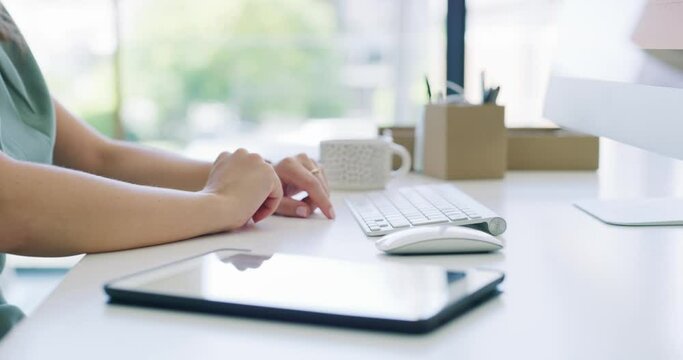 Hands, tablet and business woman on keyboard, mouse and computer at office desk in startup. Closeup, digital technology and creative editor at table, planning and typing email for online research app