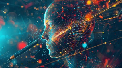 An enchanting depiction of artificial intelligence in graphic design and illustration, with a digital pen surrounded by swirling lines of code and color