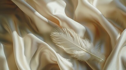 An enchanting image featuring a single, delicate white feather resting with poise on a smooth, soft fabric surface - obrazy, fototapety, plakaty
