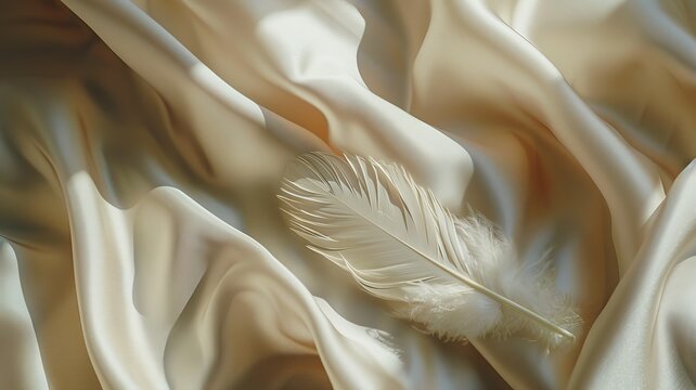 An enchanting image featuring a single, delicate white feather resting with poise on a smooth, soft fabric surface