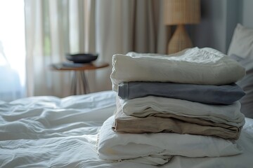 Stack of clean clothes on the table in modern room, clothing indoor in home interior