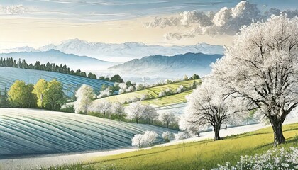 Wiosenny krajobraz z kwitnącymi drzewami. Obraz, ilustracja - obrazy, fototapety, plakaty