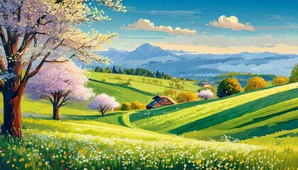 Wiosenny krajobraz z kwitnącymi drzewami. Obraz, ilustracja