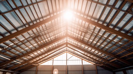 Warehouse metal roofing, Large steel roof structure, bottom view with skylight translucent roof. AI-generated - obrazy, fototapety, plakaty