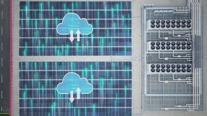 Aerial of Digital data storage center. Telecommunication facility with Graphic of cloud and lines. 3D render