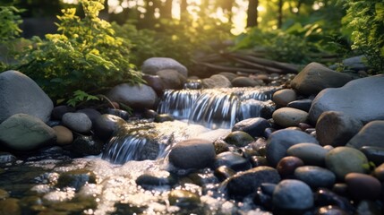 Water flows from the rocks in the residential garden