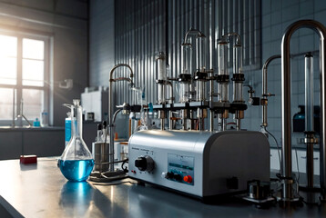 Equipment for electrolysis in chemical laboratory. Reagents and device for supplying current on laboratory table for experiments. Assembly and various conical flasks and test tubes in the interior - obrazy, fototapety, plakaty