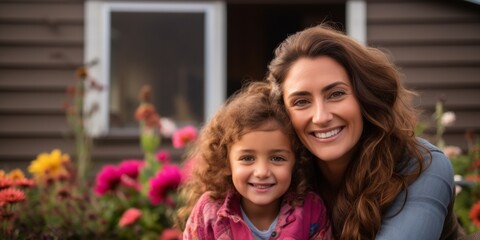 Obraz premium Mom and daughter spend time in the garden at their home. Generative AI.