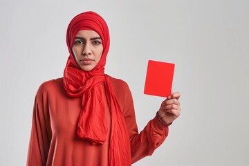 Woman with hijab showing red card against racism