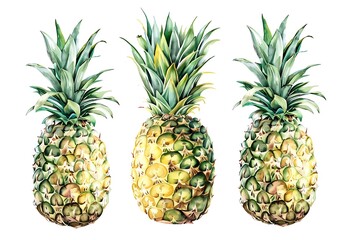 watercolor pineapples isolated on white background, summer illustration with tropical fruits for design