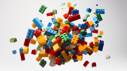 Exploding LEGO Bricks in a Colorful Array on a White Background - obrazy, fototapety, plakaty