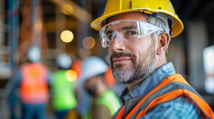 A cheerful construction supervisor with a hard hat and safety glasses smiles at the camera.