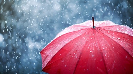 Stylish red umbrella in the rain, elegant accessory for a rainy day with a solid white backdrop