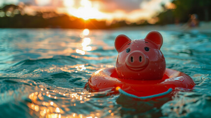 A piggy bank with a lifebuoy. Concept of rescue from bankruptcy and financial ruin - obrazy, fototapety, plakaty