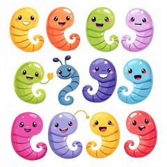 Joyful, colorful worm set featuring cartoon earthworms with smiling faces, perfect as cute kawaii baby animal characters, in a minimalist style, isolated on white