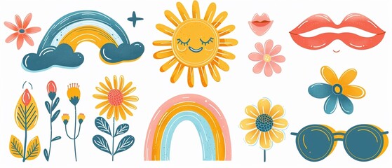 Fototapeta na wymiar Flashback to a hip era with this vibrant collection of retro icons, including a cartoon sun, daisy flowers, colorful rainbows, funky lips, and stylish sunglasses, designed in a trendy, minimalist cart