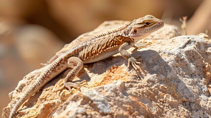 Beautiful Agama Lizard Basking in the Warm Sunlight on a Rocky Outcrop in the Arid Negev Desert - obrazy, fototapety, plakaty