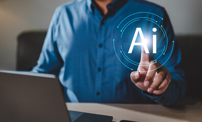 engineering, machine, artificial, hologram, ai, brain, future, intelligence, learning, neural. A man is pointing at a computer screen with the word AI on it. Concept of artificial intelligence.